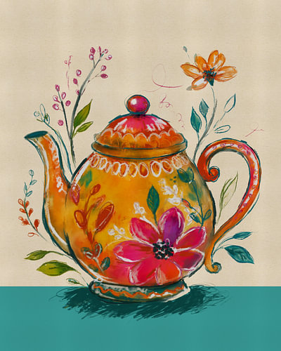 Modern boho, mixed media, colourful teapot with flowers by MadameRuiz