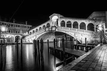 VENICE Rialto Bridge at Night black and white by Melanie Viola
