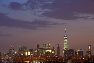 Lower Manhattan Skyline in New York in de avond van Merijn van der Vliet