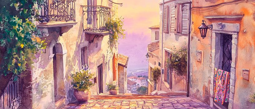 Ruelle pittoresque au coucher du soleil par Poster Art Shop