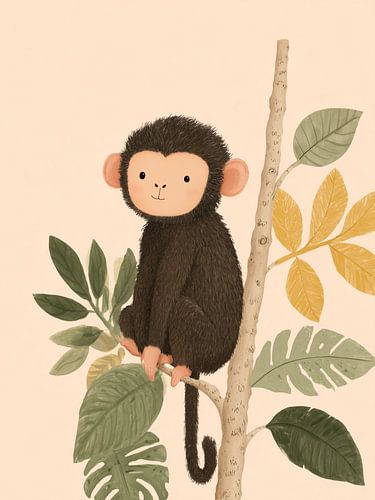 Illustration eines verspielten Affen auf einem Ast – Niedliches Dschungel-Kinderzimmer