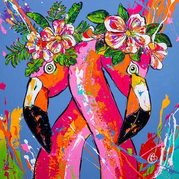 Flamingo's met bloem van Happy Paintings / Renata Rolefes