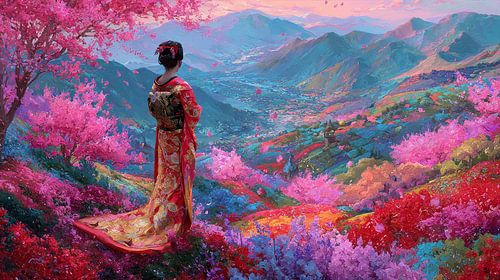 schilderachtige Japanse landschapskunst met Geisha