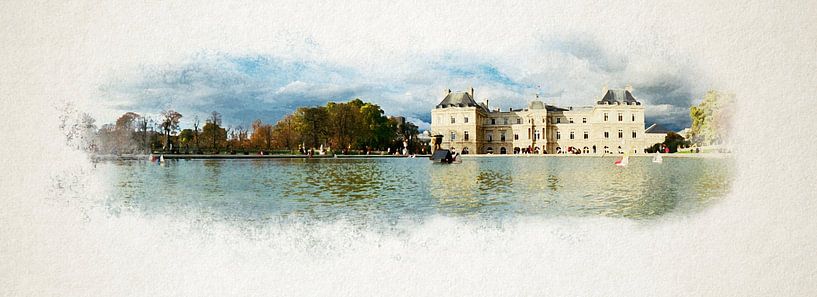 Watercolour of pond in park jardin du Luxembourg by Youri Mahieu