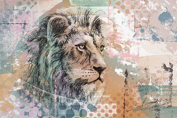 Big Five serie- leeuw - kleurig mixed media kunstwerk van Emiel de Lange