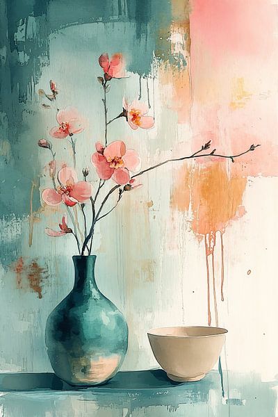 Turquoise vaas in aquarel no.2 van Studio BB