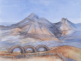 Scenic mountain landscape with stone arches