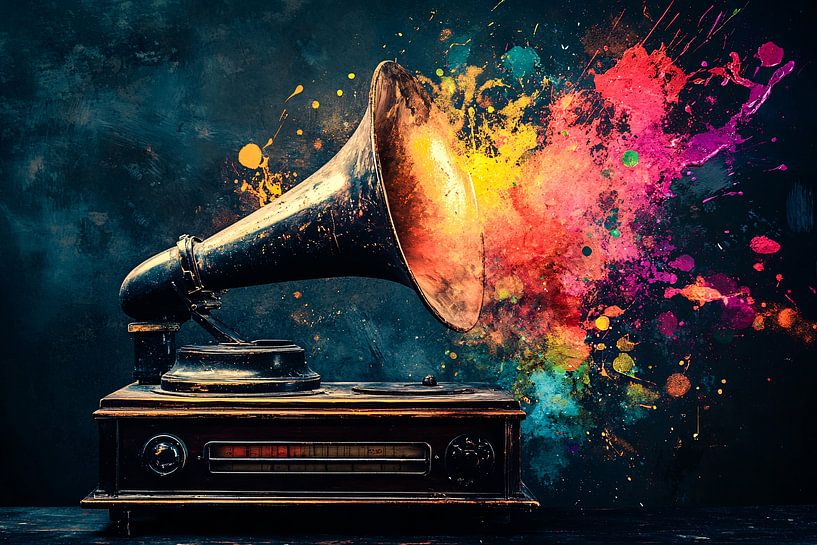Vintage grammofoon met kleurenexplosie van Art & Soul Creations