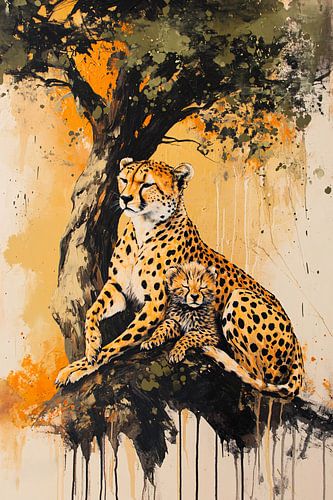 Cheeta met welp onder boom