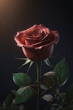 Rose rouge foncé avec des feuilles veloutées sur De Muurdecoratie