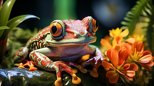 Laubfrosch auf einer orangen Blume im Wald