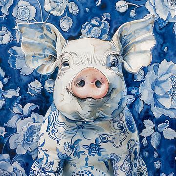 Glückliches Schwein in Delfter Blau von Lauri Creates