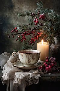 Porzellanteetasse mit Kerze und Winterbeere – Mystisches Stillleben