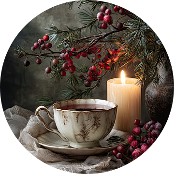 Porseleinen Theekop met Kaars en Winterbes - Mystiek Stilleven van Joriali Fine Art