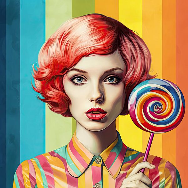 Portrait d&#039;une jeune femme avec une sucette pop art par Vlindertuin-Art