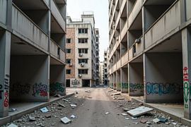 Verlaten flatgebouw met graffiti en puin