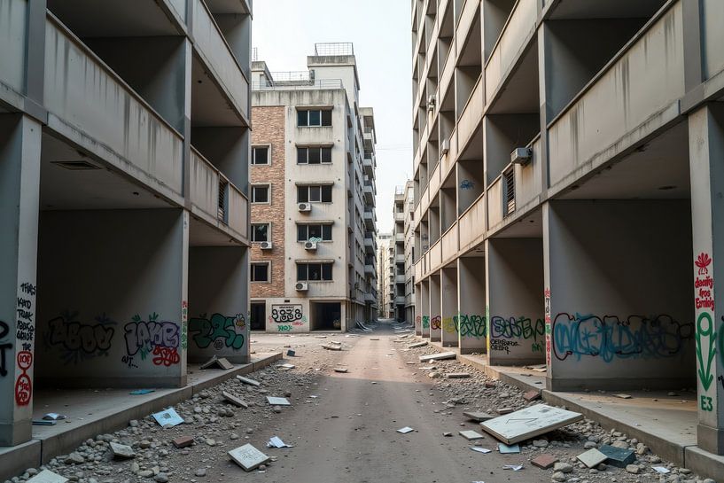 Verlaten flatgebouw met graffiti en puin van Markus Gann