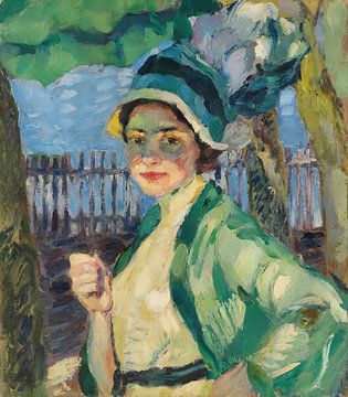 Leo Putz - Porträt einer Dame unter grünem Schirm (Frieda Blell) (1911) von Peter Balan