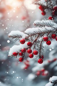 Winterbeeren - Schnee auf Kiefernzweigen mit roten Beeren