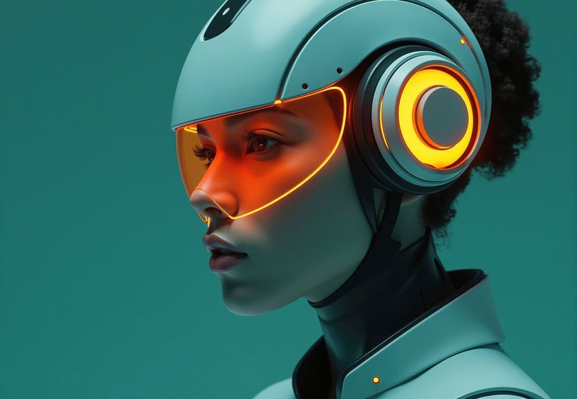 Frau trägt futuristischen Helm mit orangefarbenem Visier von Markus Gann