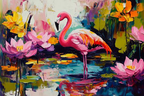 Pink flamingo in water with flowers