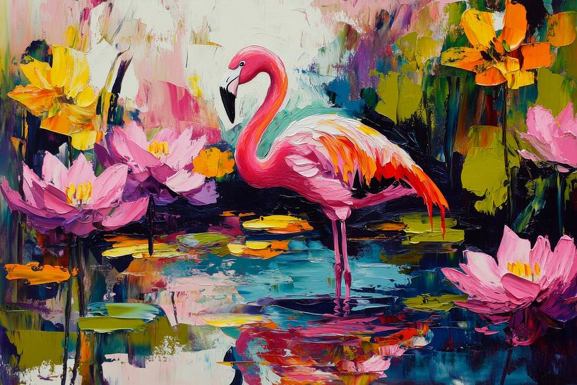 Pink flamingo in water with flowers by Poster Art Shop