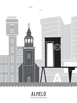 Skyline illustratie stad Almelo in zwart-wit-grijs van Mevrouw Emmer