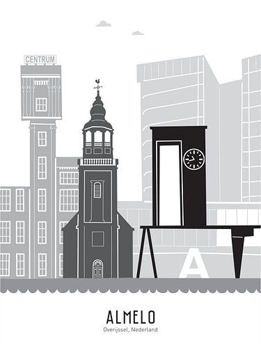 Skyline illustratie stad Almelo in zwart-wit-grijs