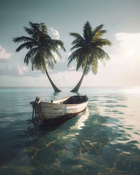 Vissersboot voor palmbomen van fernlichtsicht