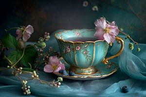 Romantisches Frühlingsstillleben mit türkisfarbener Teetasse, goldenen Akzenten und Blumen