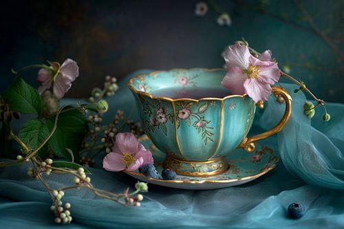 Romantisch lente-stilleven met turquoise theekopje, gouden accenten en bloemen