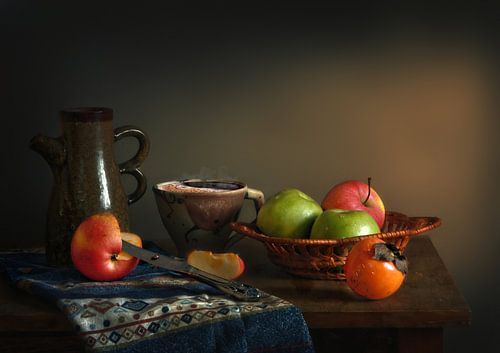 still life with fruit and a cup of coffee