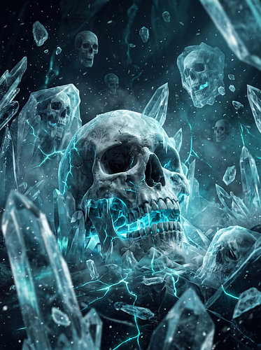 Gefrorene Eisschädel – Kristallhöhle – Leuchtendes cyanfarbenes Eis – Dark-Fantasy-Grafikdesign