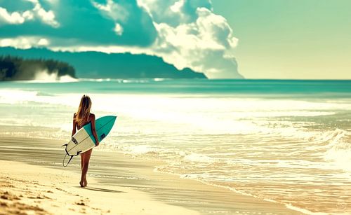 Vrouw met surfboard op het strand