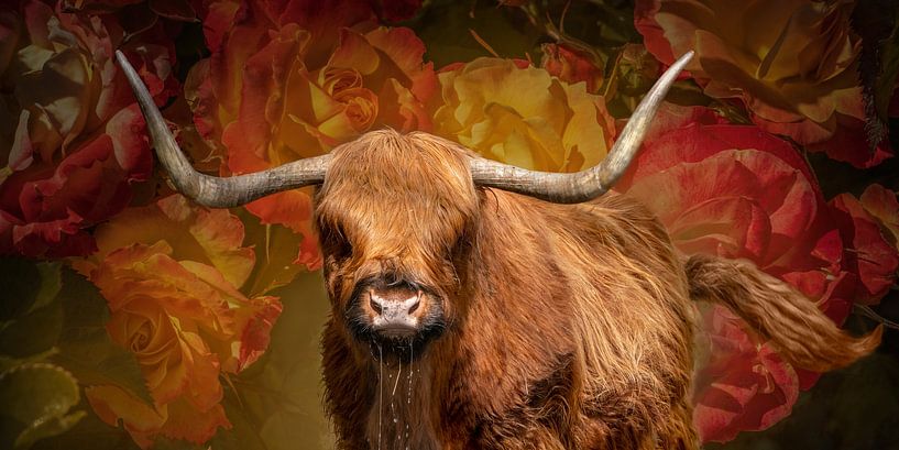 Scottish Highlander with Roses. by Alie Ekkelenkamp