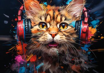 Grappige kat luistert naar muziek