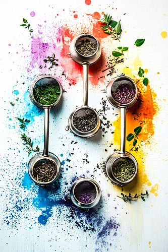 Theefilters en kleurrijke kruiden