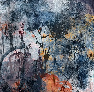Bloemen en grassen abstract botanisch schilderij in roestige aardekleuren van Dina Dankers