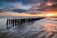 Paalhoofden op het strand tijdens zonsondergang