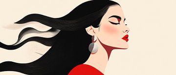Elegance in the wind - Beautiful woman Red lips, black hair by Poster Art Shop