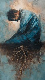 Surrealistisch, geworteld, slapend, abstract, emotioneel, acrylschilderij van Aden Pink Studio