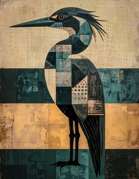 Vintage poster reiger in diepblauw goud en beige - rechts van Emiel de Lange