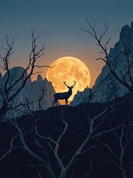 Hirschsilhouette mit Vollmond, Bergen und kahlen Bäumen von Markus Gann