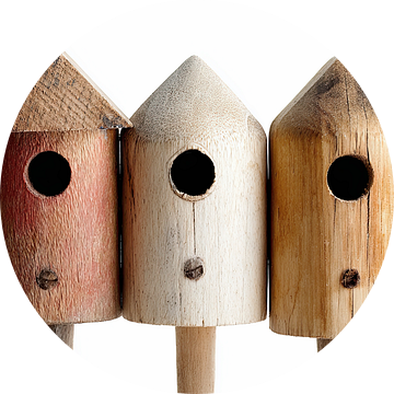 Rijtje houten vogelhuisjes