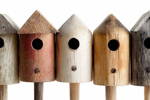 Rijtje houten vogelhuisjes