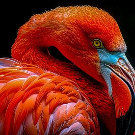 Hochdetailliertes Zoom-Porträt eines Flamingos mit tief korallen- und lachsfarbenem Gefieder auf schwarzem Hintergrund von Animaflora PicsStock