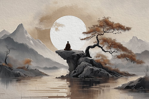 Zen-inspired meditative landscape with a tree and a full moon by Studio Pieternel