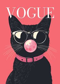 black cat stylish wearing sunglasses blowing pink bubble gum vogue poster by Cross
