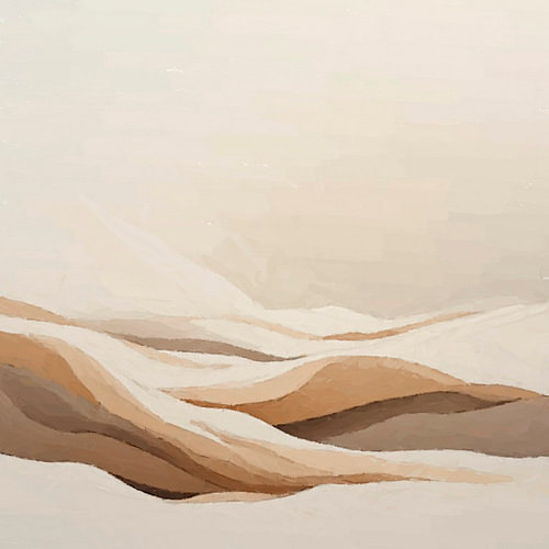 A minimalist, modern, abstract landscape featuring interplay of lines in soft shades of white and beige.
