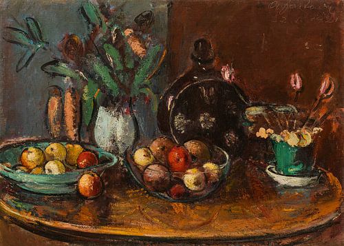 Anton Faistauer, fruit- en bloemenstilleven met een bruine fles, 1921